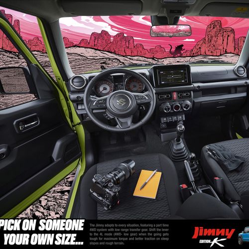 Suzuki Jimny car interior with rocky landscape outside, artwork by Davi Augusto