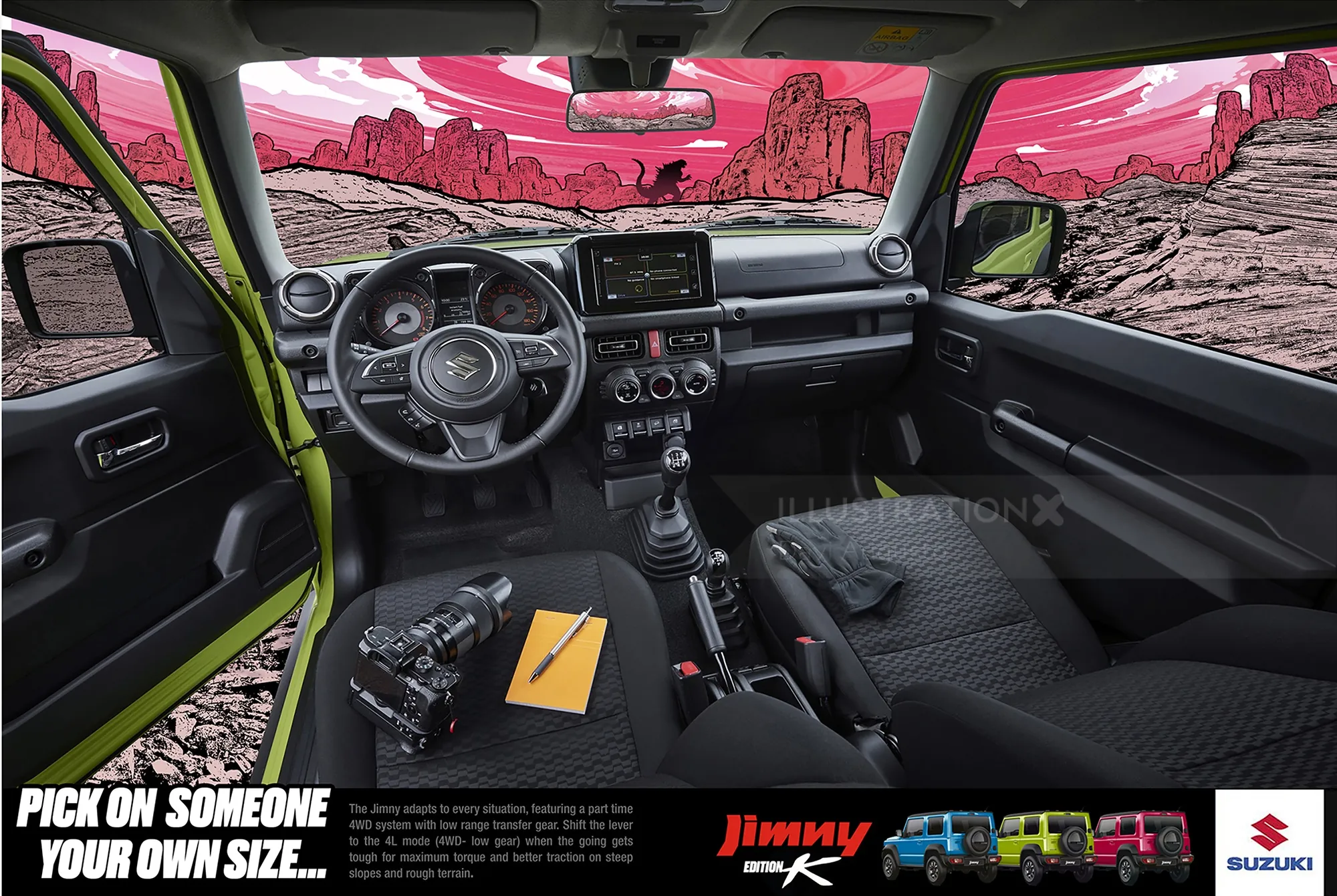 Suzuki Jimny car interior with rocky landscape outside, artwork by Davi Augusto