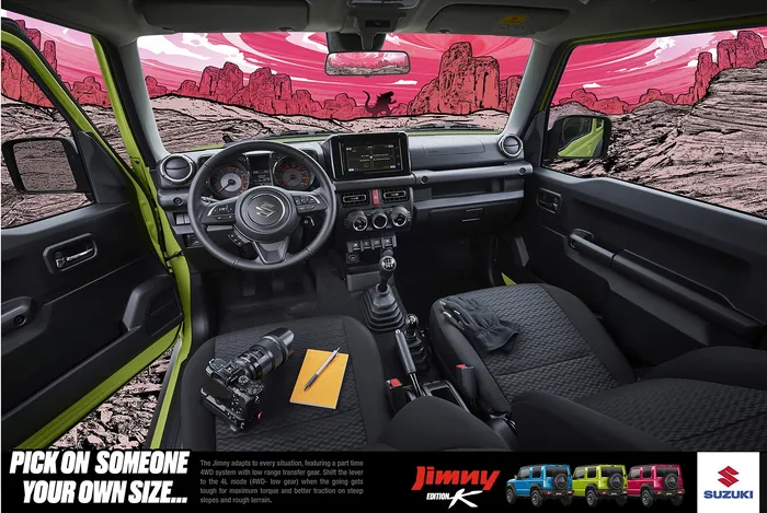 Suzuki Jimny car interior with rocky landscape outside, artwork by Davi Augusto