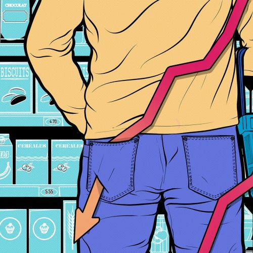 Person holding shopping basket in store with red graph arrows by Davi Augusto