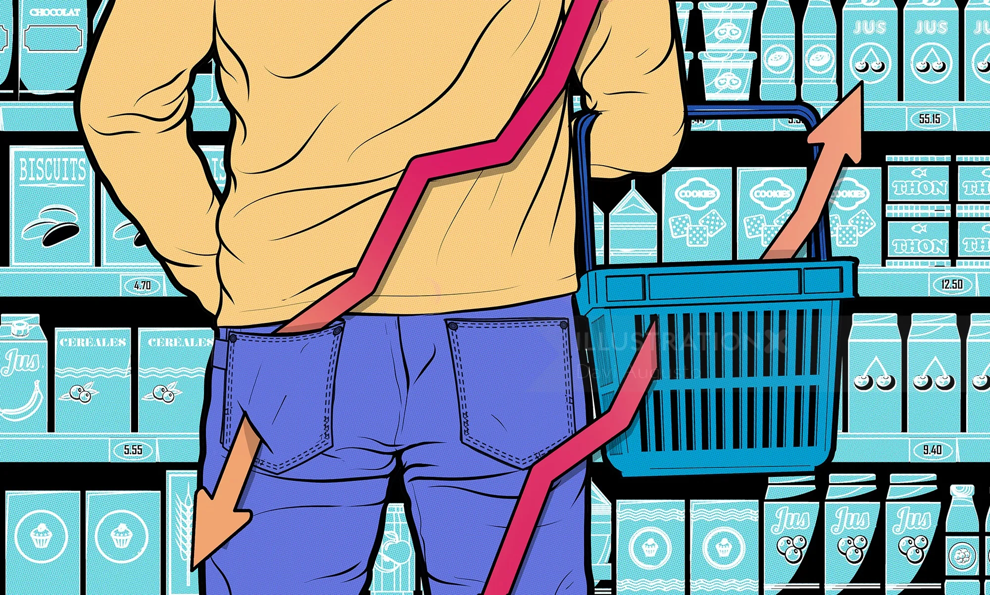 Person holding shopping basket in store with red graph arrows by Davi Augusto