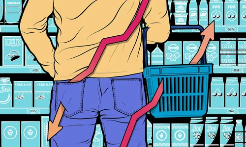 Pessoa segurando uma cesta de compras em uma loja com setas vermelhas no gráfico por Davi Augusto