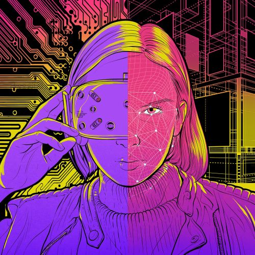 Person with half digital circuitry face and wireframe face by Davi Augusto