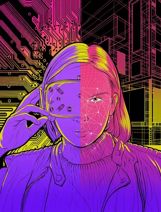 Person with half digital circuitry face and wireframe face by Davi Augusto