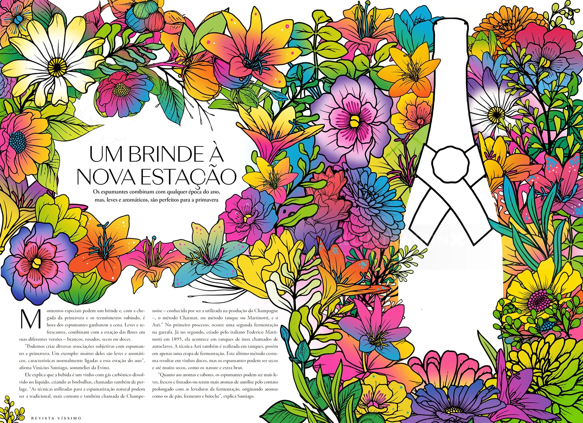 Colorful flowers surrounding a bottle, artwork by Davi Augusto