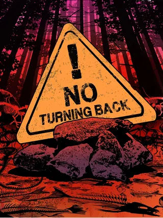 Warning sign reading 'No Turning Back' in a forest by Davi Augusto