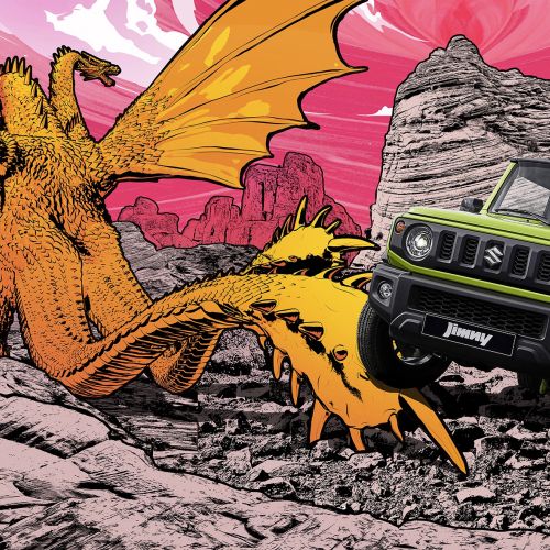 Green SUV facing fire-breathing dragon in rocky desert by Davi Augusto