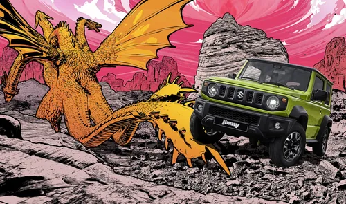 SUV verde encarando dragão cuspindo fogo em deserto rochoso por Davi Augusto