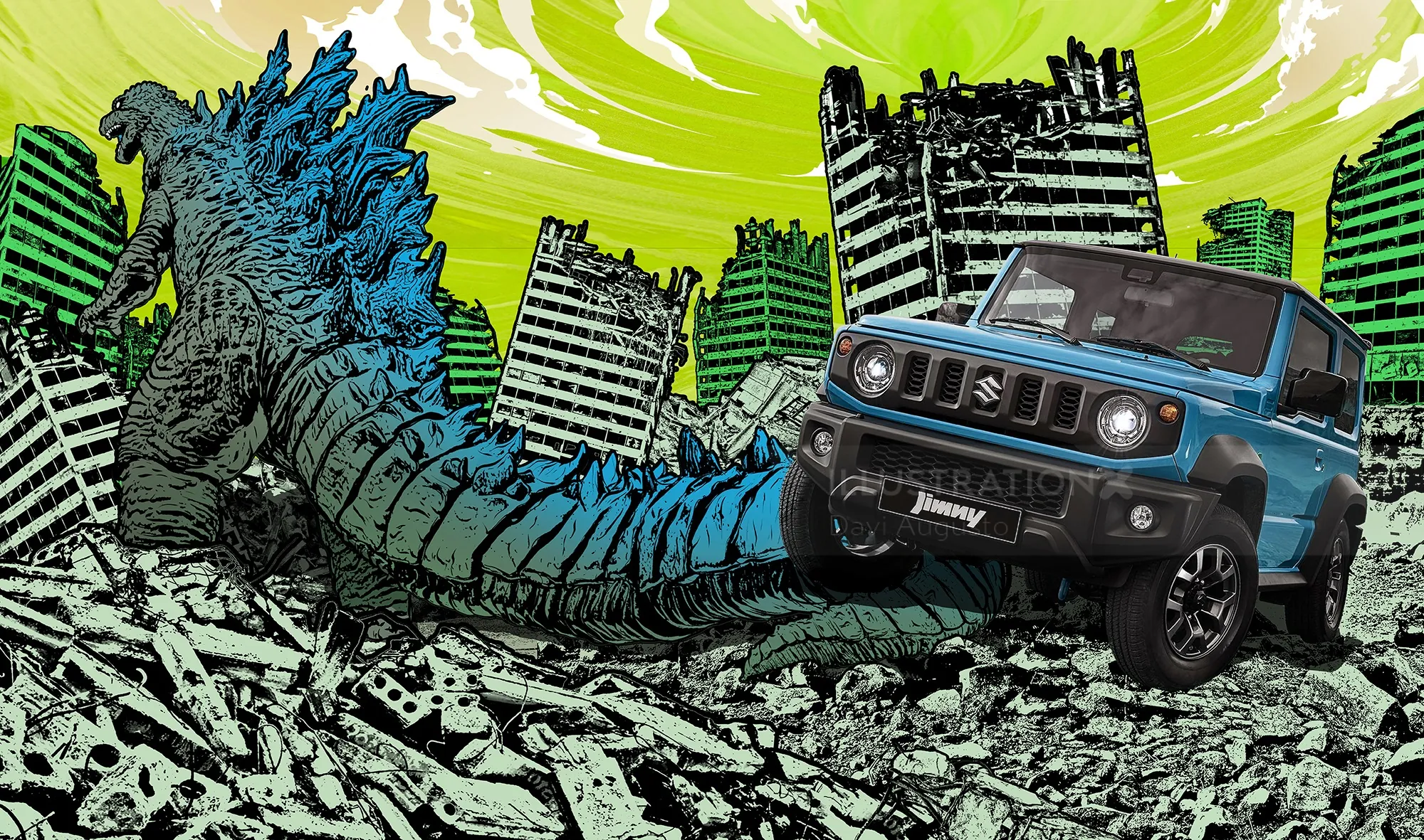 Suzuki Jimny azul perto de uma cauda de réptil gigante em uma cidade em ruínas, obra de arte de Davi Augusto