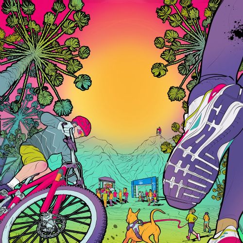 Outdoor scene with cyclist, runner, dog, and vibrant sunset by Davi Augusto