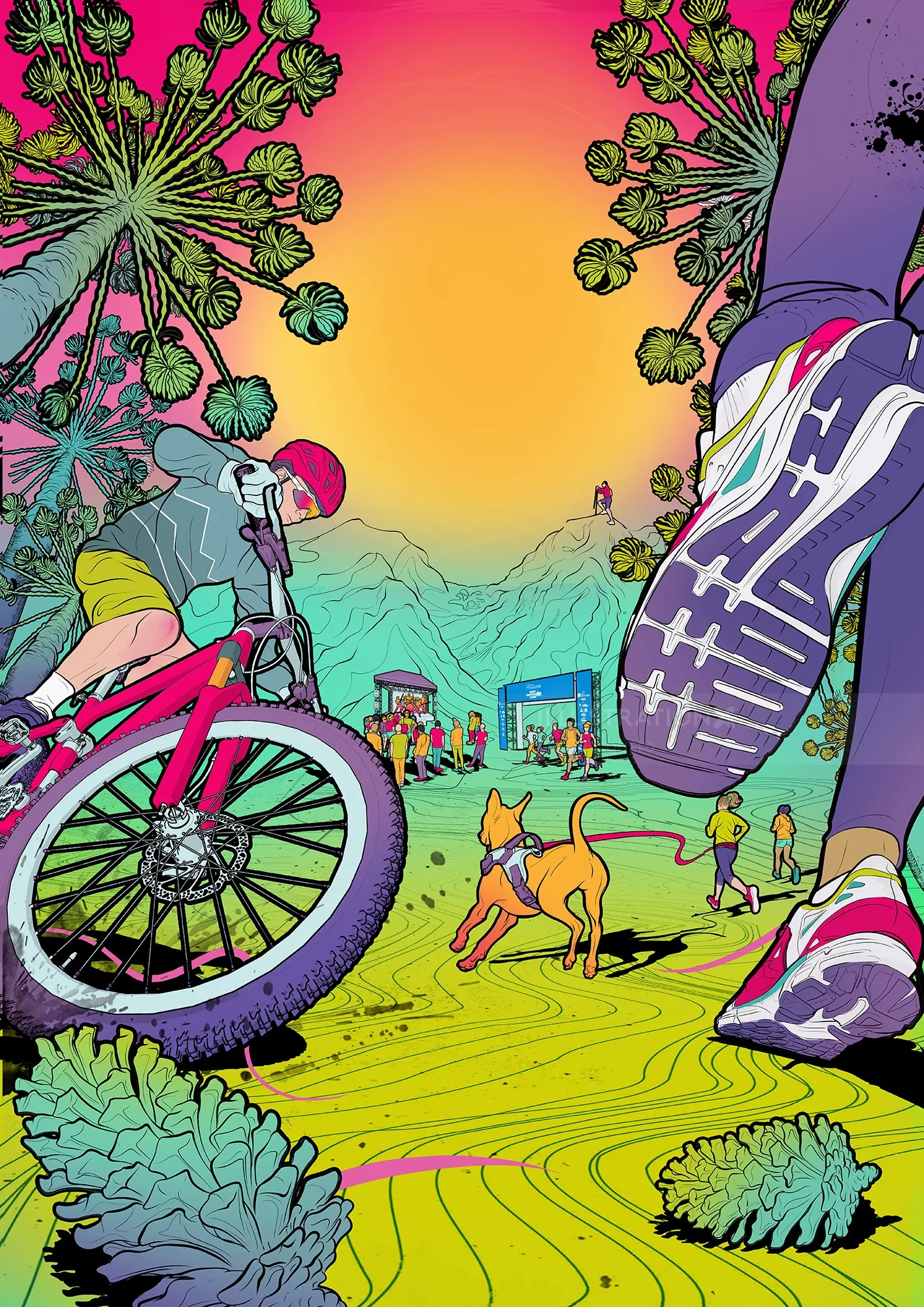 Outdoor scene with cyclist, runner, dog, and vibrant sunset by Davi Augusto