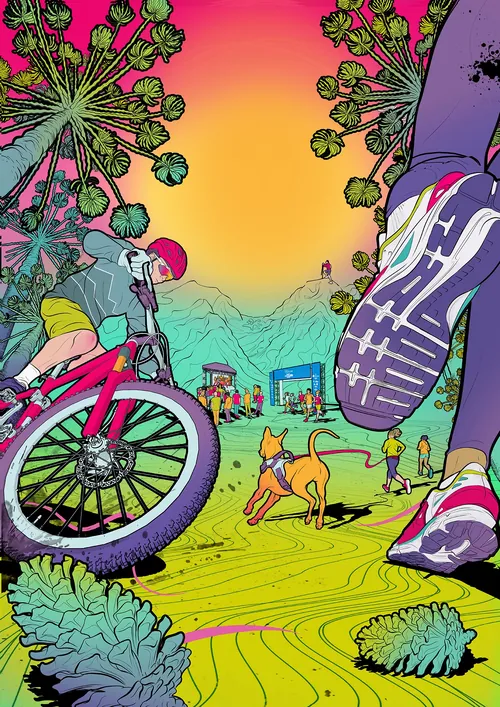 Cena ao ar livre com ciclista, corredor, cachorro e pôr do sol vibrante por Davi Augusto