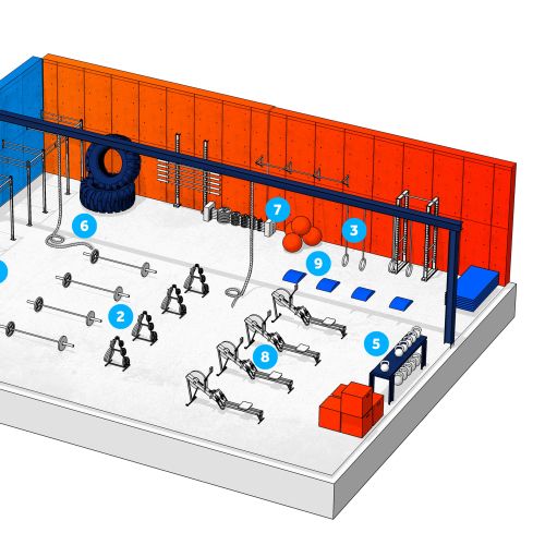CrossFit gym layout with workout equipment and labeled stations by Davi Augusto