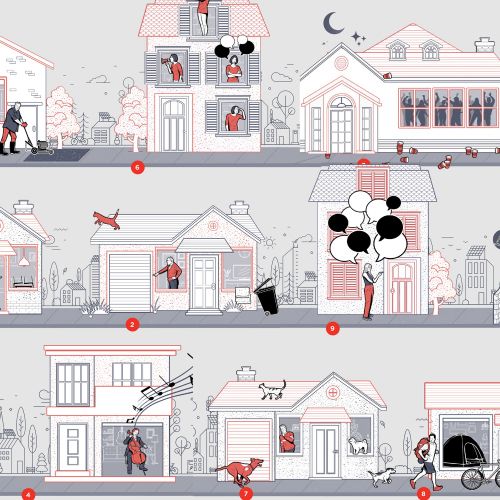 Detailed neighborhood scene with houses and people by Davi Augusto