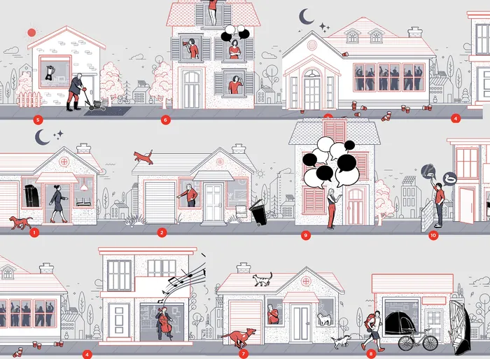 Detailed neighborhood scene with houses and people by Davi Augusto