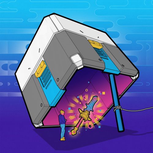 Futuristic gaming console projecting a holographic warrior with sword by Davi Augusto
