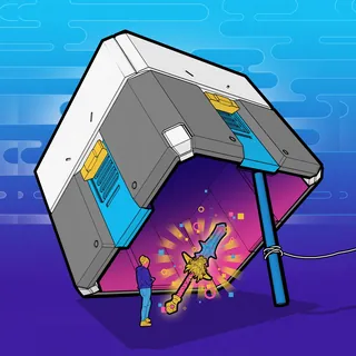 Futuristic gaming console projecting a holographic warrior with sword by Davi Augusto