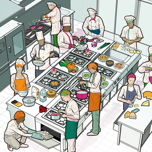 Chefs profissionais ocupados cozinhando e preparando alimentos em uma cozinha comercial por Davi Augusto
