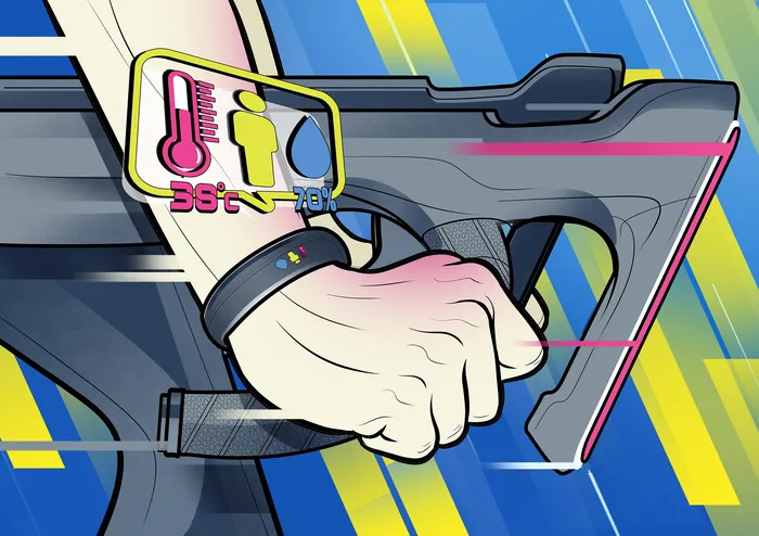 Hand gripping high-tech device with temperature and connectivity indicators by Davi Augusto