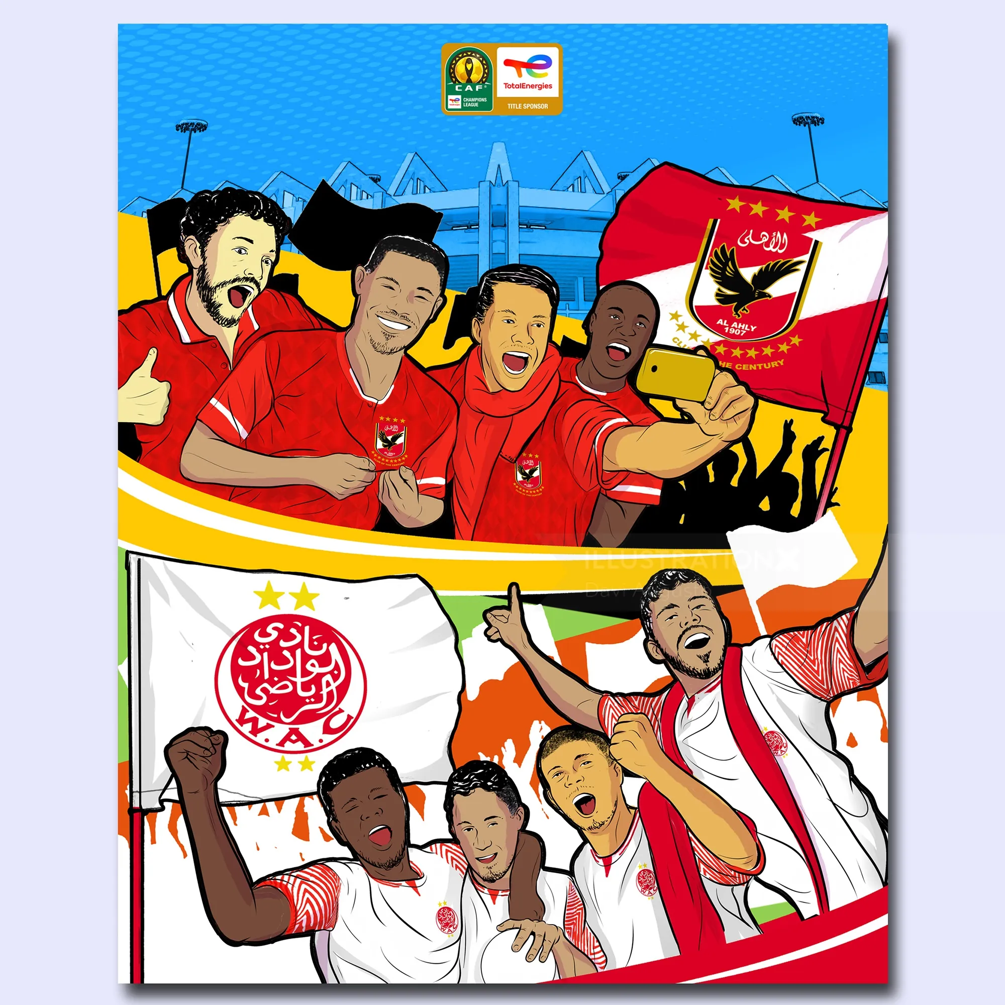 Fußballfans feiern mit Fahnen und jubeln, Illustration von Davi Augusto