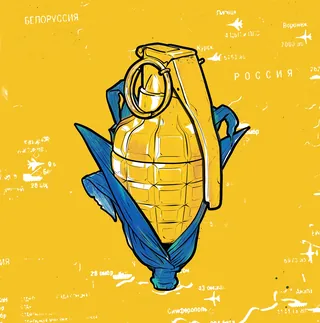 Yellow hand grenade over map of Russia and Belarus by Davi Augusto
