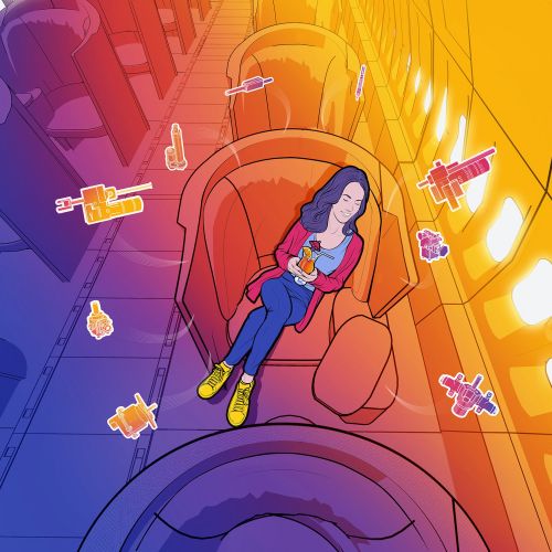 Woman with blue hair relaxing on empty airplane seat with floating objects by Davi Augusto