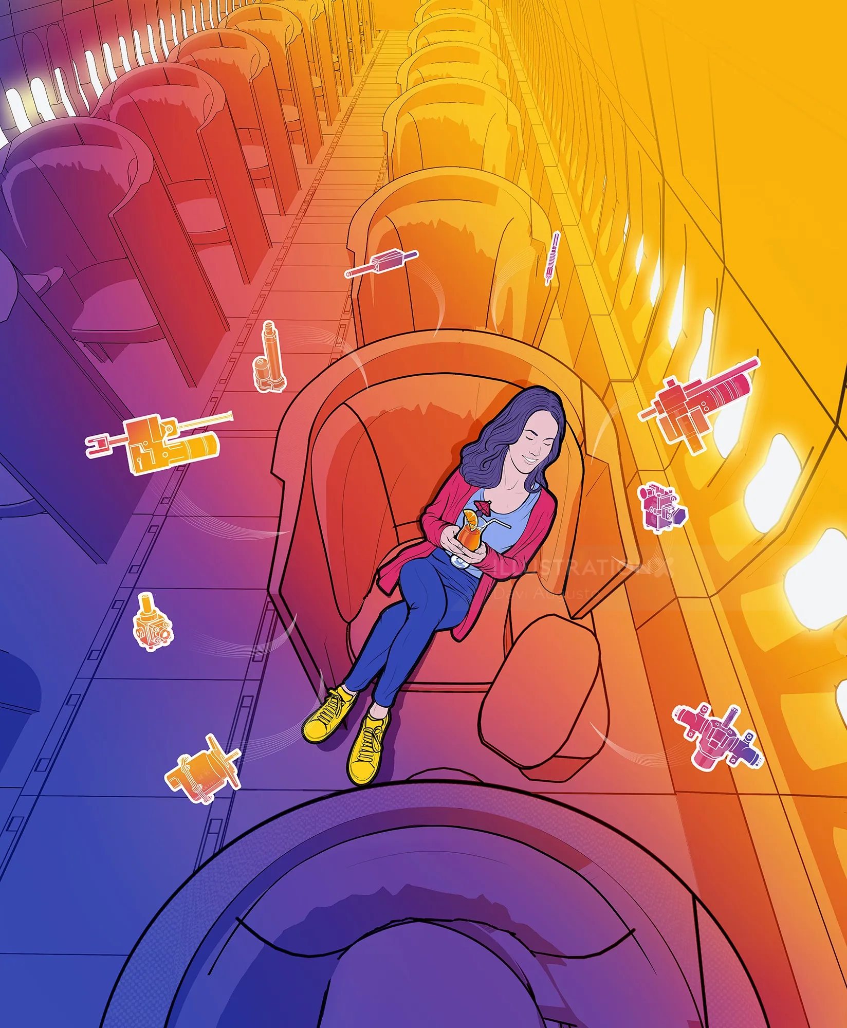 Woman with blue hair relaxing on empty airplane seat with floating objects by Davi Augusto