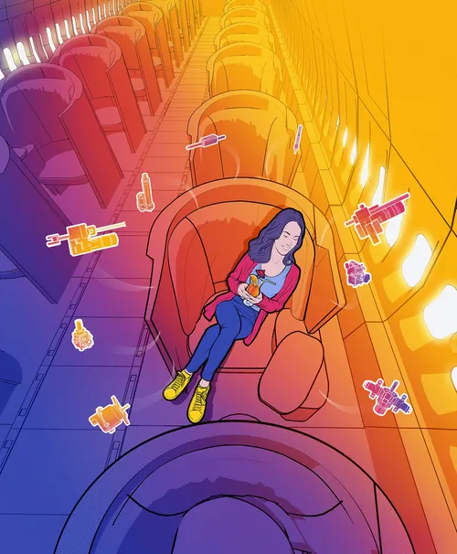 Mulher de cabelo azul relaxando em um assento vazio de avião com objetos flutuando por Davi Augusto