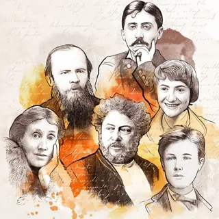 Illustration of five historical figures with vintage script background by Davi Augusto