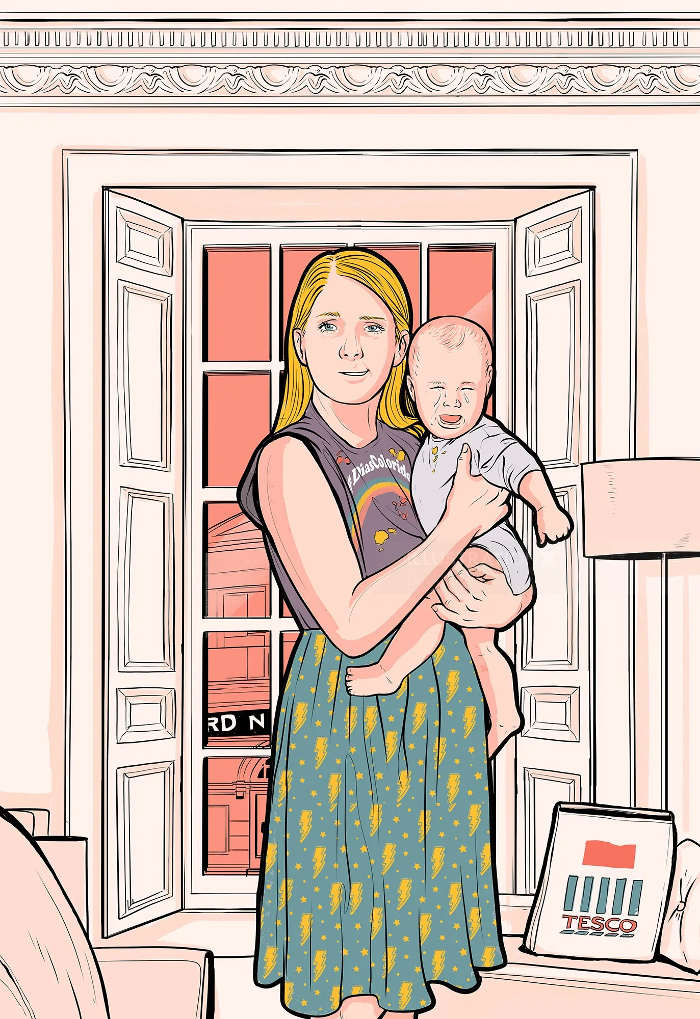 Woman holding baby near open window illustration by Davi Augusto