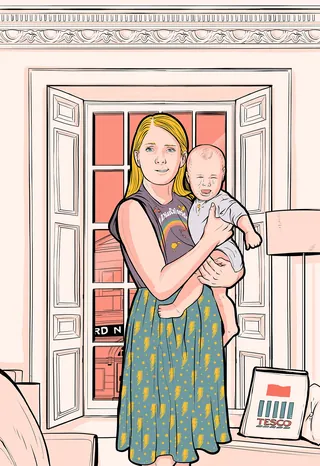 Woman holding baby near open window illustration by Davi Augusto