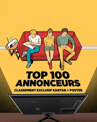 Three people on a red couch watching TV, illustration by Davi Augusto