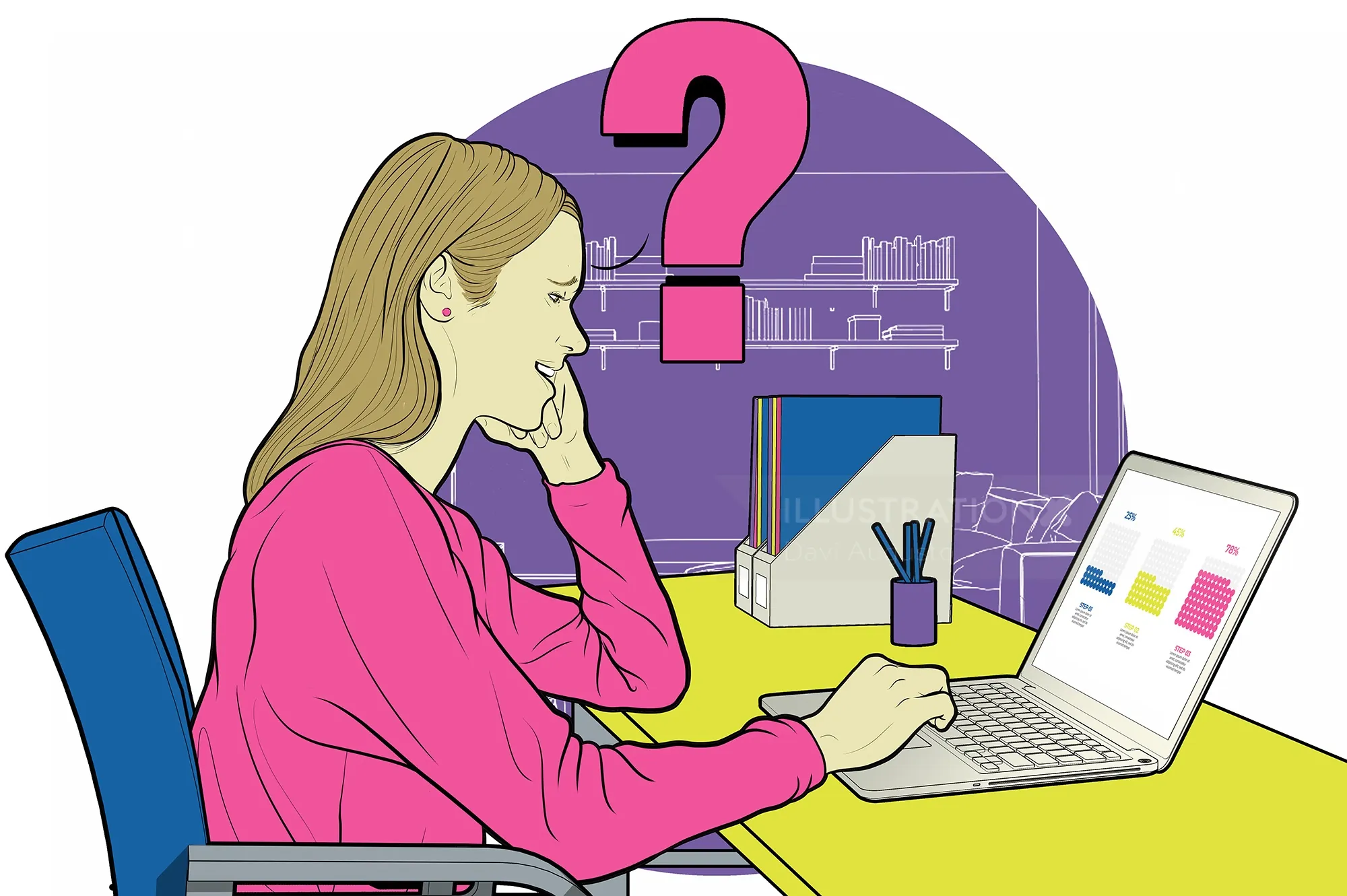 Woman in pink sweater thinking while looking at laptop screen by Davi Augusto