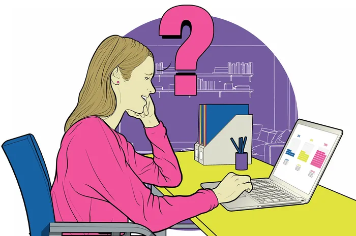 Woman in pink sweater thinking while looking at laptop screen by Davi Augusto