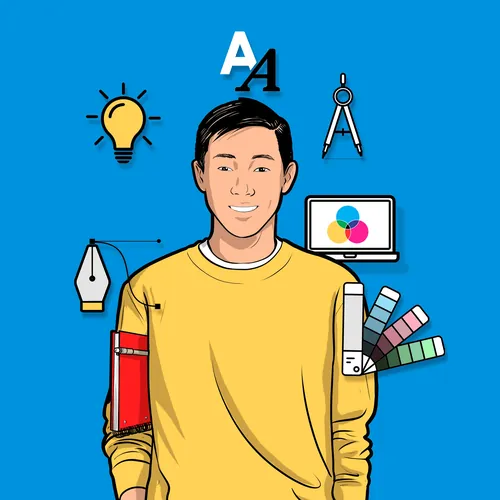 Designer gráfico com ferramentas criativas, ilustração digital por Davi Augusto