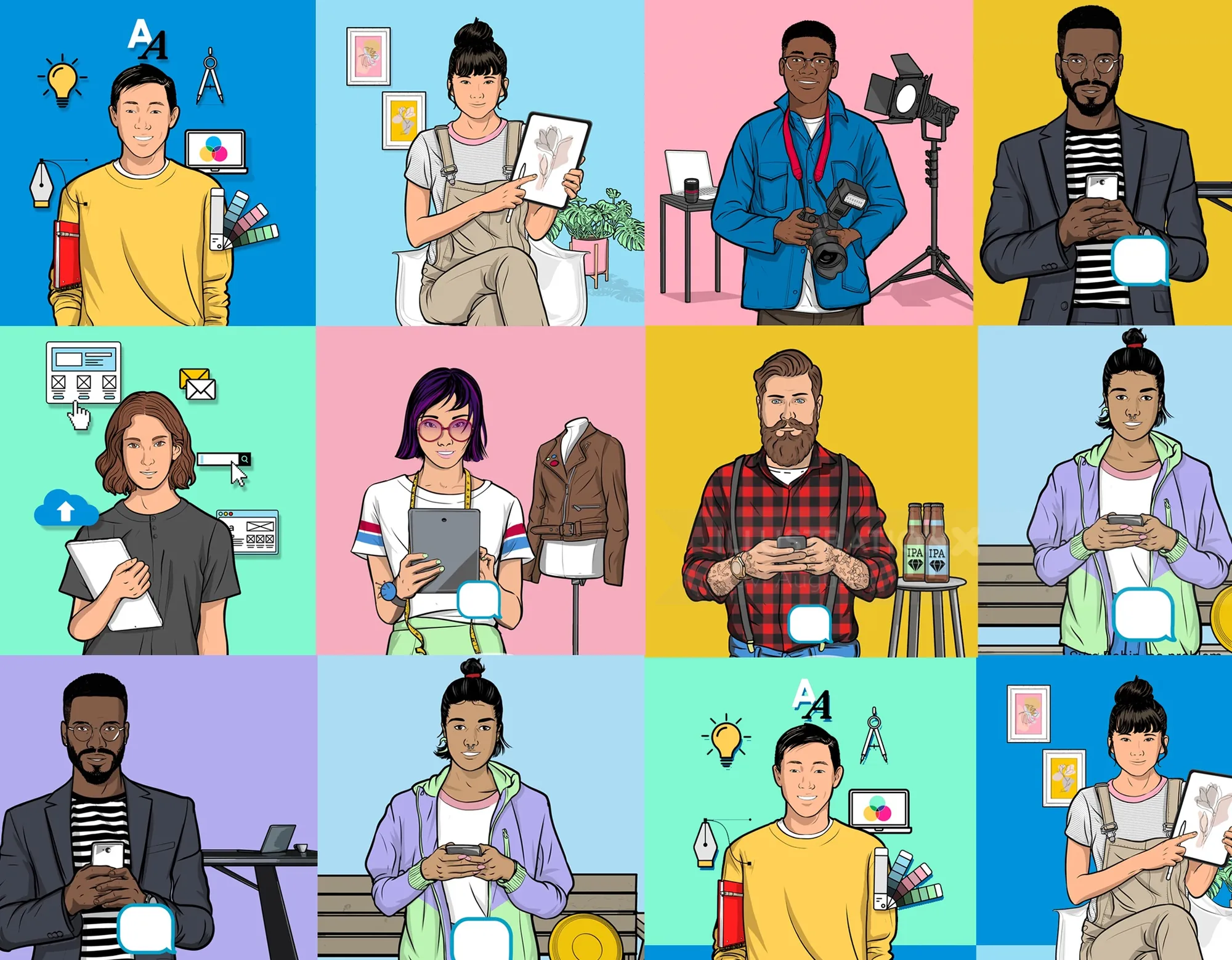 Ilustração de diversos profissionais criativos utilizando várias ferramentas por Davi Augusto