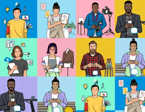 Ilustração de diversos profissionais criativos utilizando várias ferramentas por Davi Augusto