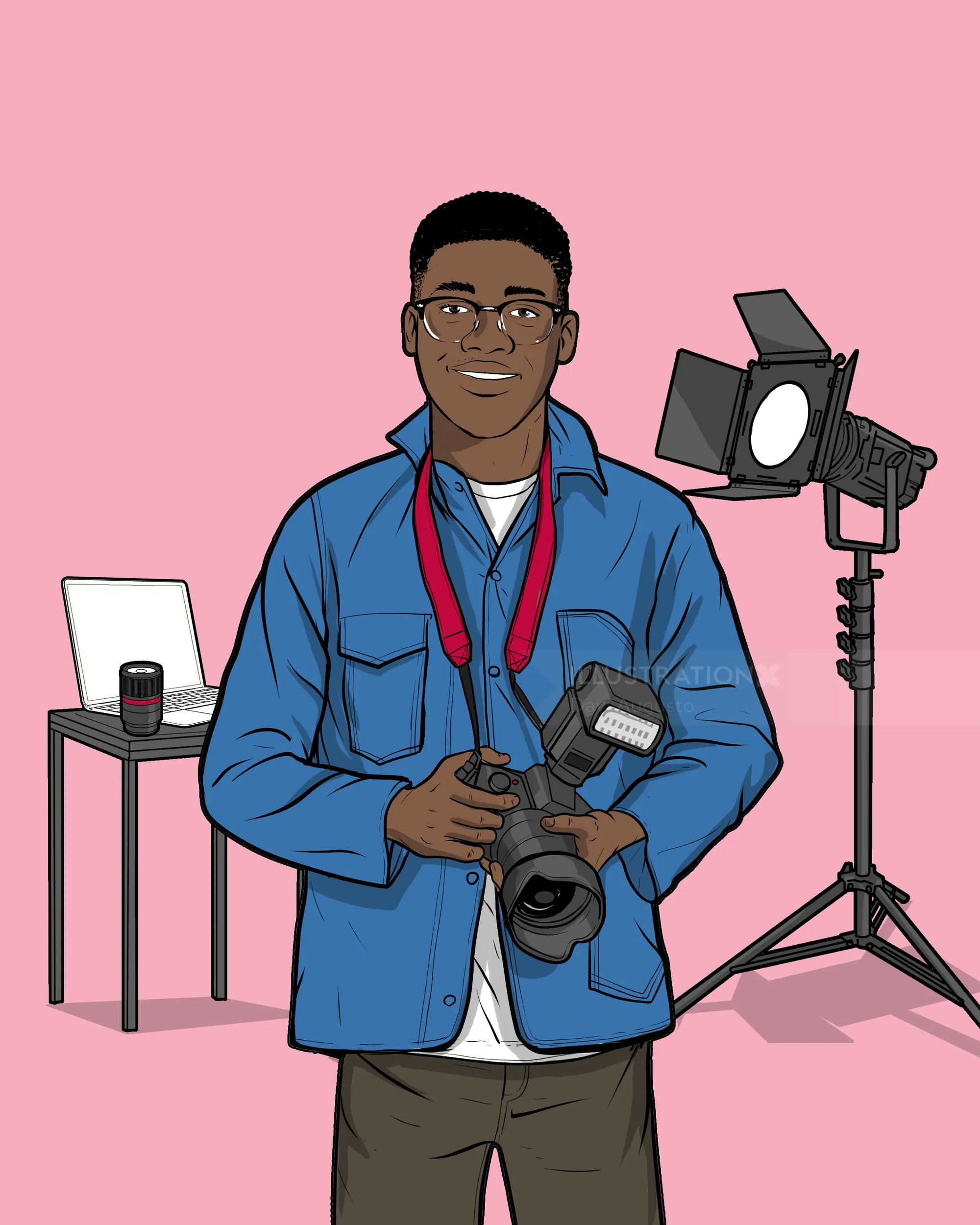Photographer holding camera with studio lights and table in background by Davi Augusto