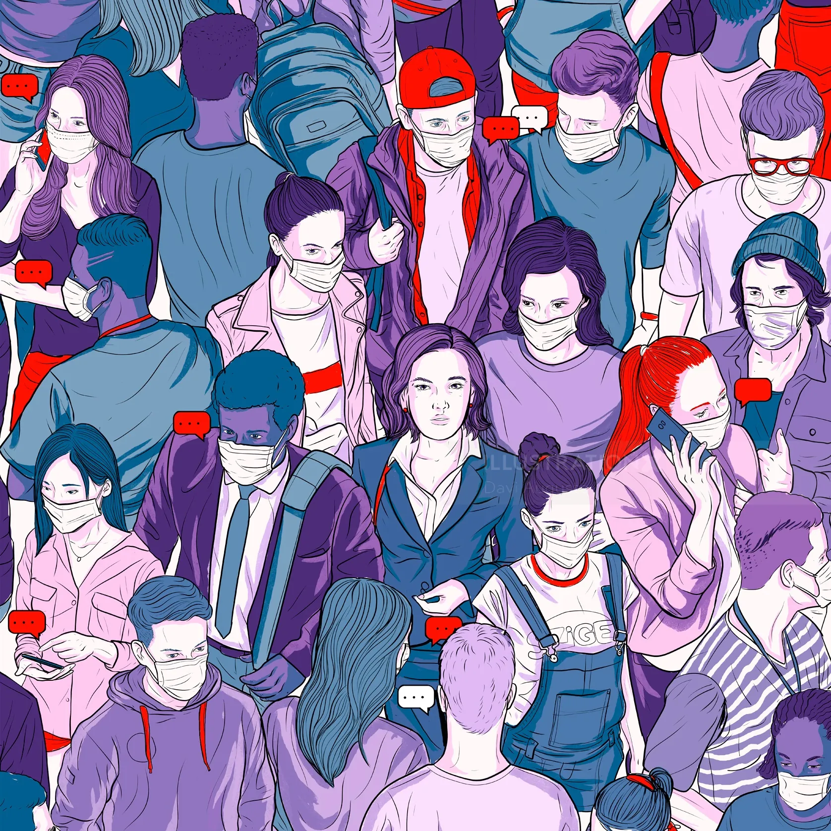 Multidão de pessoas diversas usando máscaras faciais em um local movimentado