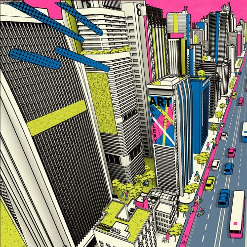 Comic-style illustration of a colorful city street with skyscrapers