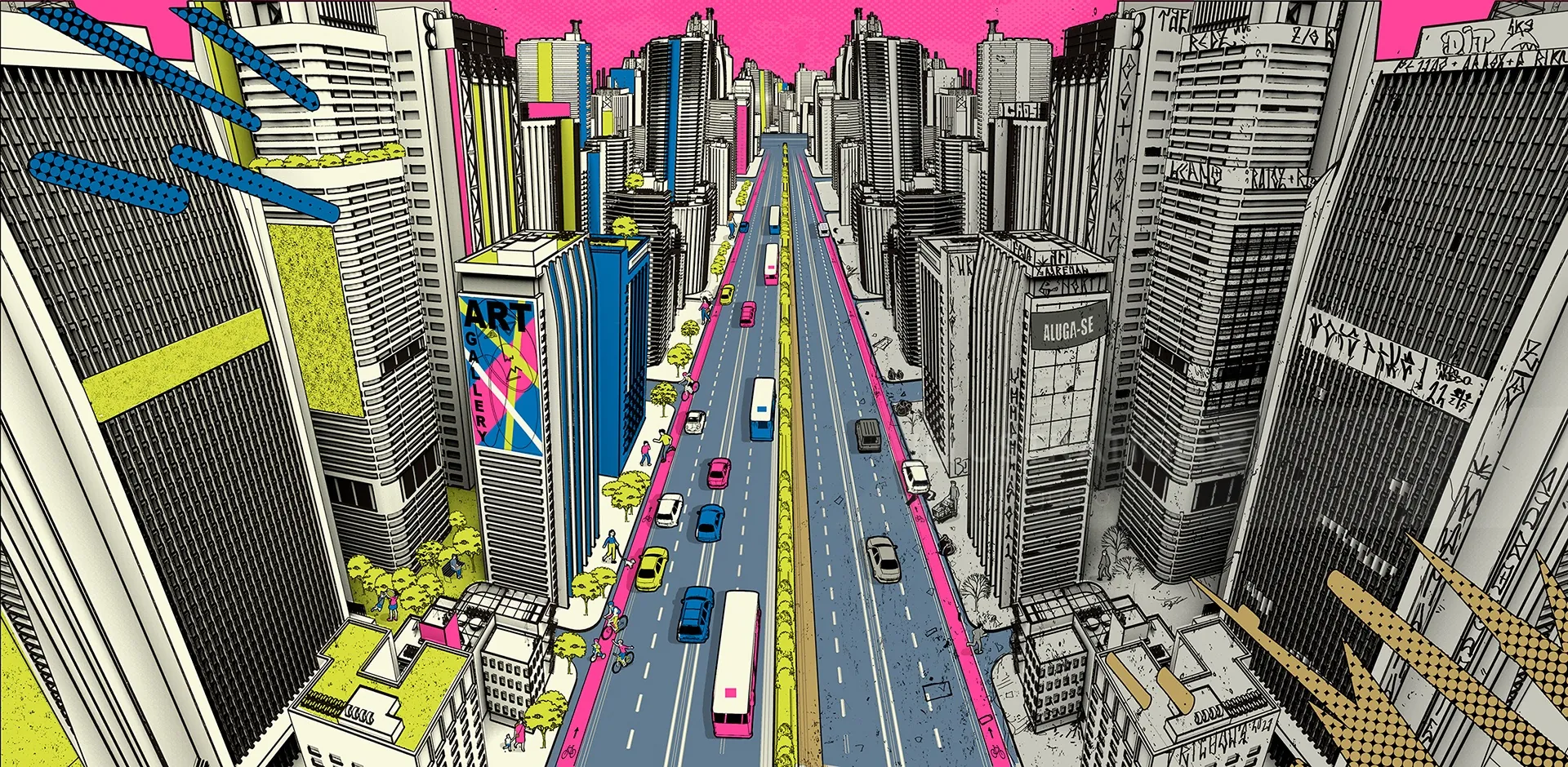 Ilustração em estilo de história em quadrinhos de uma rua colorida da cidade com arranha-céus
