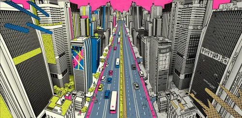Ilustração em estilo de história em quadrinhos de uma rua colorida da cidade com arranha-céus