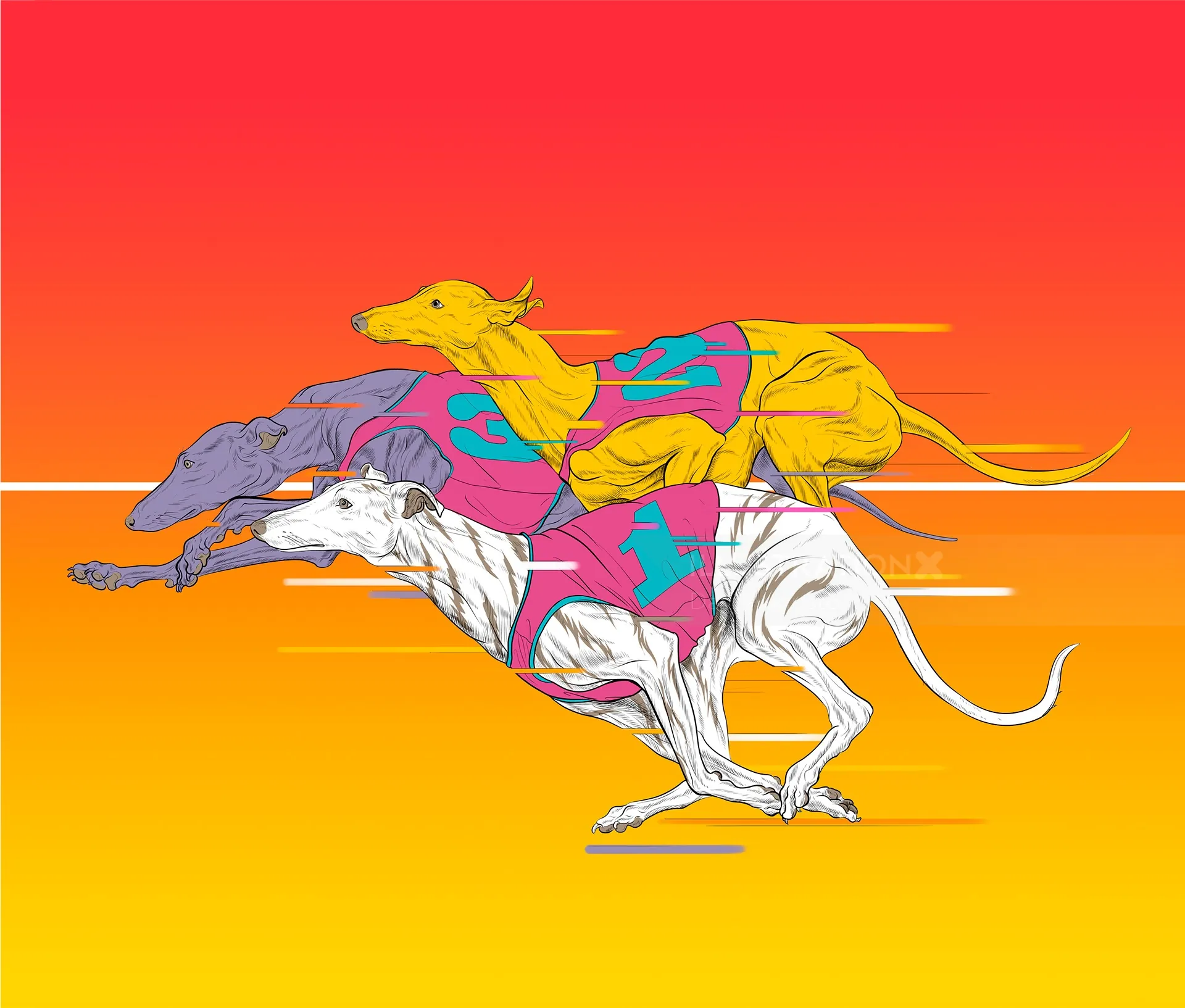 Vibrant artwork of greyhound dogs racing