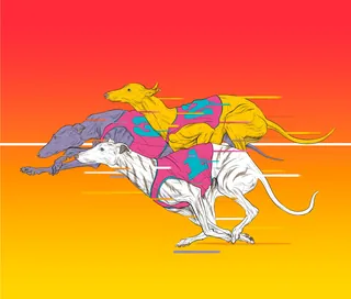 Vibrant artwork of greyhound dogs racing