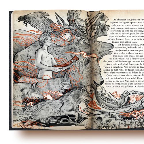 Open book showing surreal animal illustration with abstract elements and text.