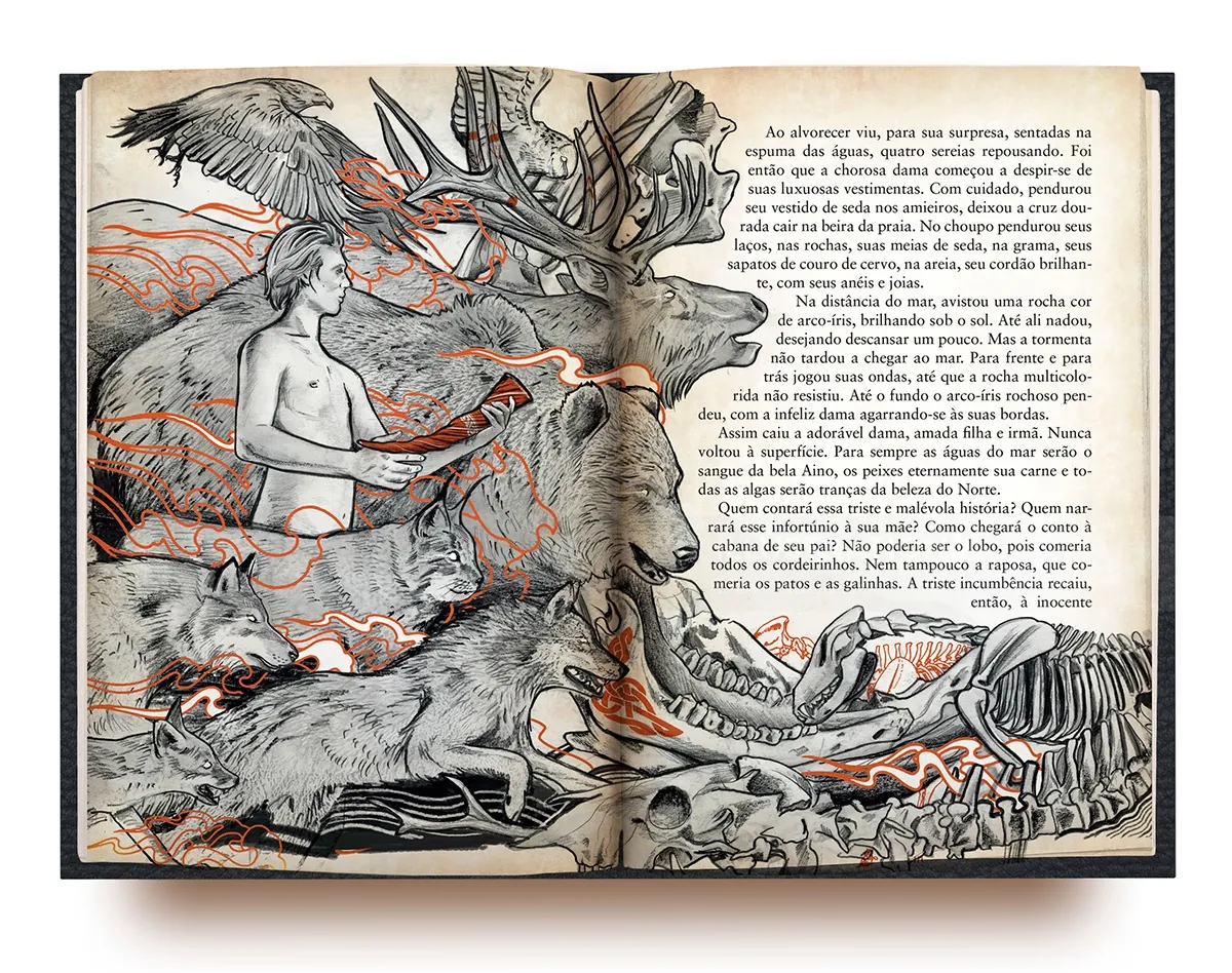 Livro aberto mostrando ilustração surreal de animais com elementos abstratos e texto.