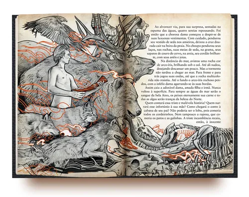 Livro aberto mostrando ilustração surreal de animais com elementos abstratos e texto.