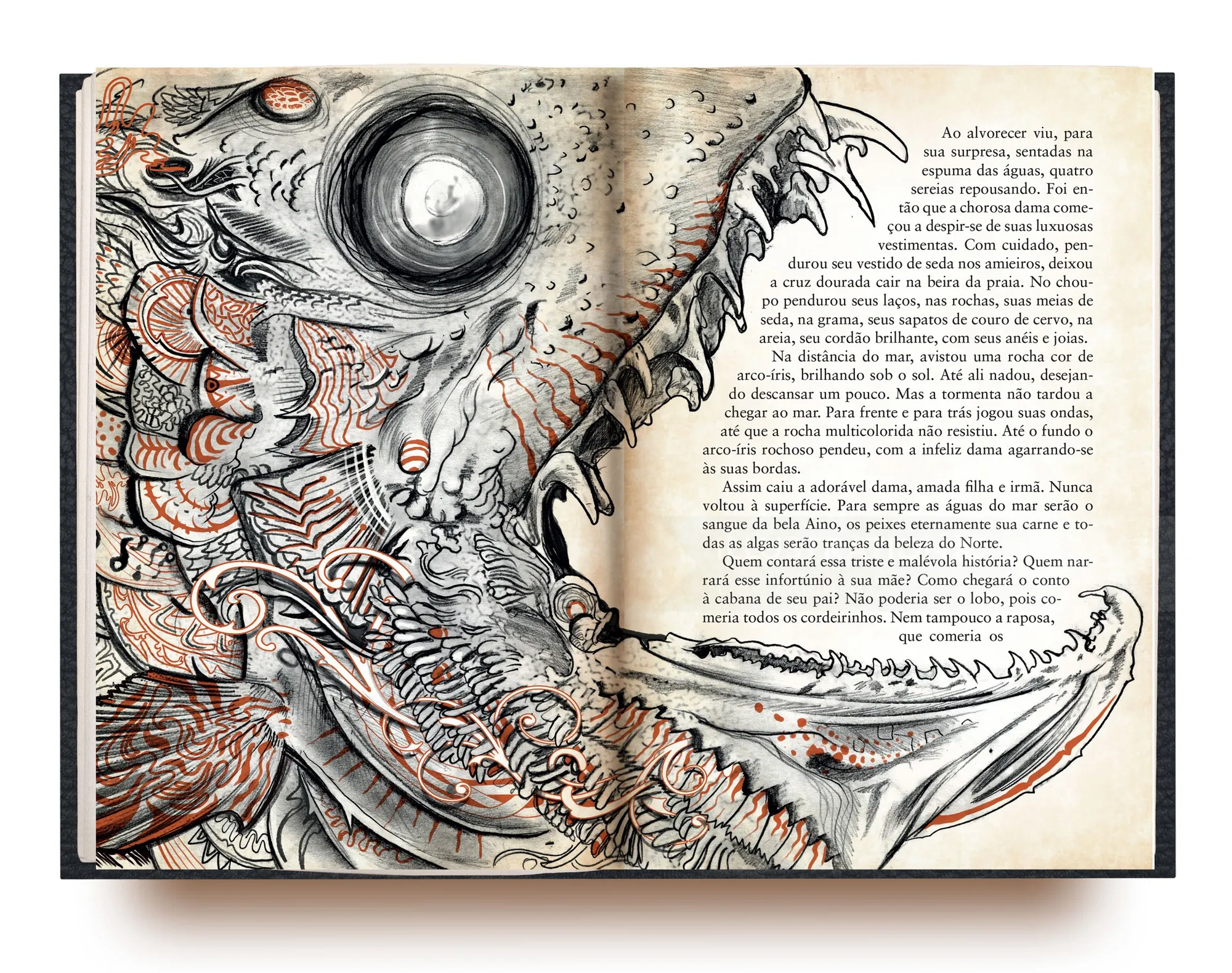 Book illustration with a large eye and intricate organic patterns