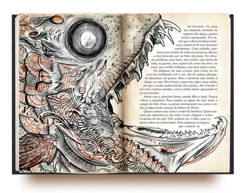 Ilustração de livro com um olho grande e padrões orgânicos complexos