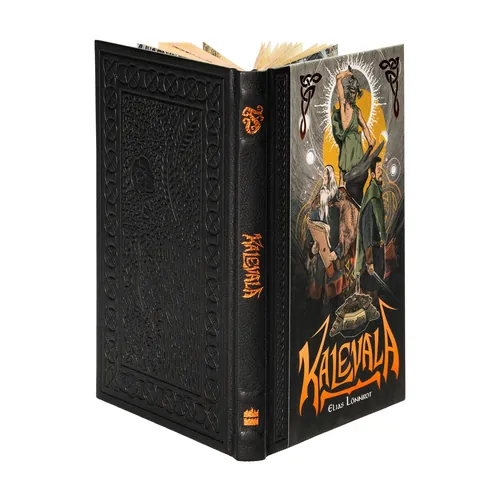 O livro Kalevala com capa de couro preta e página inicial ilustrada.
